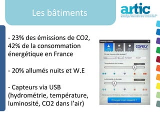Les bâtiments

- 23% des émissions de CO2,
42% de la consommation
énergétique en France

- 20% allumés nuits et W.E

- Capteurs via USB
(hydrométrie, température,
luminosité, CO2 dans l’air)
 
