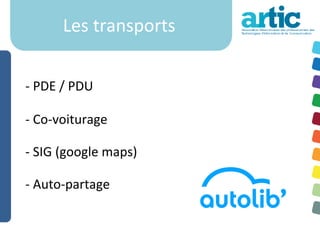 Les transports


- PDE / PDU

- Co-voiturage

- SIG (google maps)

- Auto-partage
 