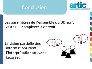 Conclusion

Les paramètres de l’ensemble du DD sont
 vastes → complexes à obtenir


                                          ?!
La vision partielle des     !?
 informations rend
 l’interprétation souvent
 faussée.
 