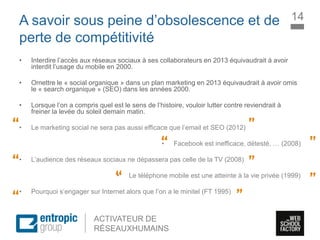 La Marque à l’ère digitale
sociale
ACTIVATEUR DE
RÉSEAUXHUMAINS
A savoir sous peine d’obsolescence et de
perte de compétitivité
• Interdire l’accès aux réseaux sociaux à ses collaborateurs en 2013 équivaudrait à avoir
interdit l’usage du mobile en 2000.
• Omettre le « social organique » dans un plan marketing en 2013 équivaudrait à avoir omis
le « search organique » (SEO) dans les années 2000.
• Lorsque l’on a compris quel est le sens de l’histoire, vouloir lutter contre reviendrait à
freiner la levée du soleil demain matin.
• Le marketing social ne sera pas aussi efficace que l’email et SEO (2012)
• Facebook est inefficace, détesté, … (2008)
• L’audience des réseaux sociaux ne dépassera pas celle de la TV (2008)
• Le téléphone mobile est une atteinte à la vie privée (1999)
• Pourquoi s’engager sur Internet alors que l’on a le minitel (FT 1995)
14
 