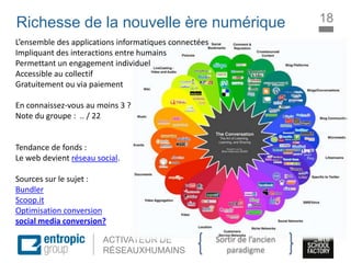La Marque à l’ère digitale
sociale
ACTIVATEUR DE
RÉSEAUXHUMAINS
Richesse de la nouvelle ère numérique
L’ensemble des applications informatiques connectées
Impliquant des interactions entre humains
Permettant un engagement individuel
Accessible au collectif
Gratuitement ou via paiement
En connaissez-vous au moins 3 ?
Note du groupe : .. / 22
Tendance de fonds :
Le web devient réseau social.
Sources sur le sujet :
Bundler
Scoop.it
Optimisation conversion
social media conversion?
18
Sortir de l’ancien
paradigme
 