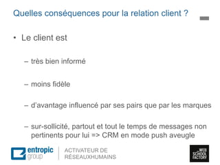 La Marque à l’ère digitale
sociale
ACTIVATEUR DE
RÉSEAUXHUMAINS
Quelles conséquences pour la relation client ?
• Le client est
– très bien informé
– moins fidèle
– d’avantage influencé par ses pairs que par les marques
– sur-sollicité, partout et tout le temps de messages non
pertinents pour lui => CRM en mode push aveugle
 