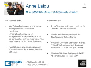 La Marque à l’ère digitale
sociale
ACTIVATEUR DE
RÉSEAUXHUMAINS
Anne Lalou
Formation ESSEC
• WebSchoolFactory est une école de
management de l’innovation
numérique
• L’Innovation Factory est un
ecosystème d’open-innovation et de
co-construction entre entreprises, think
tank, labo de recherche et étudiants.
• Parallèlement, elle siège au conseil
d’Administration de Eurazeo, Medica
et Foncia
Précédemment
• Sous-Directeur fusions-acquisitions de
Lazard à Londres puis Paris
• Directeur de la Prospective et du
Développement chez Havas
• Président-Directeur Général de Havas
Édition Électronique avant d’intégrer
Rothschild & Cie en tant que Gérant
• Direction Générale Déléguée NEXITY
Pôle Distribution jusqu’en 2011
4
DG de la WebSchoolFactory et de l’Innovation Factory
 