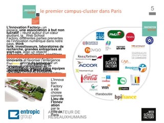 La Marque à l’ère digitale
sociale
ACTIVATEUR DE
RÉSEAUXHUMAINS
5L’INNOVATION FACTORY,
le premier campus-cluster dans Paris
L’Innovation Factory– un
espace, une association à but non
lucratif – réunit autour d’un cœur
étudiant, la _Web School
Factory, différentes parties prenantes
de l’innovation numérique dans notre
pays, think
tank, investisseurs, laboratoires de
recherche, grandes entreprises et
start-ups, avec un objectif :
échanger, développer, accélérer
et co-construire des projets
innovants et favoriser l’émergence
des innovations de rupture par un
modèle de collaboration et de
confrontation original entre équipes
opérationnelles et étudiants.
Bpifrance est partenaire
d’honneur et soutient cet
ecosystème d’innovation
ouverte qu’est l’Innovation Factory
L’Innova
tion
Factory
a été
choisie
comme
Lieu de
l’Innov
ation
par la
Ville de
Paris
 