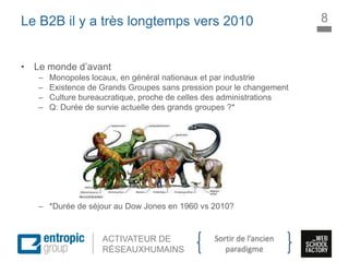 La Marque à l’ère digitale
sociale
ACTIVATEUR DE
RÉSEAUXHUMAINS
Le B2B il y a très longtemps vers 2010
• Le monde d’avant
– Monopoles locaux, en général nationaux et par industrie
– Existence de Grands Groupes sans pression pour le changement
– Culture bureaucratique, proche de celles des administrations
– Q: Durée de survie actuelle des grands groupes ?*
– *Durée de séjour au Dow Jones en 1960 vs 2010?
8
Sortir de l’ancien
paradigme
 