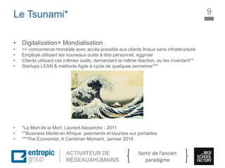 La Marque à l’ère digitale
sociale
ACTIVATEUR DE
RÉSEAUXHUMAINS
Le Tsunami*
• Digitalisation+ Mondialisation
• => concurrence mondiale avec accès possible aux clients finaux sans infrastructure
• Employé utilisant les nouveaux outils à titre personnel, eggmail
• Clients utilisant ces mêmes outils, demandant la même réaction, ou les inventant**
• Startups LEAN & méthode Agile à cycle de quelques semaines***
• *La Mort de la Mort, Laurent Alexandre - 2011
• **Business Model en Afrique: paiements et bourses sur portables
• ***The Economist, A Cambrian Moment, Janvier 2014
9
Sortir de l’ancien
paradigme
 