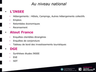 Au niveau national 
•L’INSEE 
•Hébergements : Hôtels, Campings, Autres hébergements collectifs 
•Emplois 
•Retombées économiques 
•Recensement 
•Atout France 
•Enquêtes clientèles étrangères 
•Enquêtes de conjoncture 
•Tableau de bord des investissements touristiques 
•DGE 
•Synthèses études INSEE 
•EVE 
•SDT  