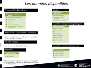 Les données disponibles 
Fréquentation touristique 
Etudes visant à positionner le tourisme par rapport à d’autres secteurs d’activité et la Bretagne par rapport à d’autres régions. 
Economie 