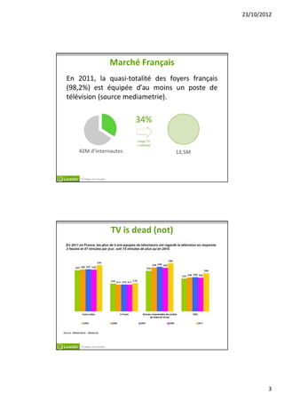 23/10/2012




                           Marché Français
En 2011, la quasi-totalité des foyers français
(98,2%) est équipée d’au moins un poste de
télévision (source mediametrie).


                                 34%

                                 Usage TV
                                 + Internet
   42M d’internautes                          13,5M



    TV Makes You Smarter




                           TV is dead (not)




    TV Makes You Smarter




                                                              3
 