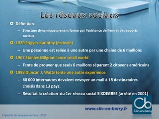 Exploiter les réseaux sociaux - 2013
www.clic-en-berry.fr
 Définition
– Structure dynamique prenant forme par l’existence de liens et de rapports
sociaux
 1929 Frigyes Karinthy (écrivain)
– Une personne est reliée à une autre par une chaîne de 6 maillons
 1967 Stanley Milgram lance small world
– Tente de prouver que seuls 6 maillons séparent 2 citoyens américains
 1998 Duncan J. Watts tente une autre expérience
– 60 000 internautes devaient envoyer un mail à 18 destinataires
choisis dans 13 pays.
– Résultat la création du 1er réseau social SIXDEGREE (arrêté en 2001)
 