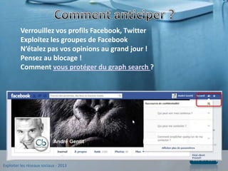 Exploiter les réseaux sociaux - 2013
www.clic-en-berry.fr
Verrouillez vos profils Facebook, Twitter
Exploitez les groupes de Facebook
N’étalez pas vos opinions au grand jour !
Pensez au blocage !
Comment vous protéger du graph search ?
 