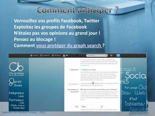 Exploiter les réseaux sociaux - 2013
www.clic-en-berry.fr
Verrouillez vos profils Facebook, Twitter
Exploitez les groupes de Facebook
N’étalez pas vos opinions au grand jour !
Pensez au blocage !
Comment vous protéger du graph search ?
 