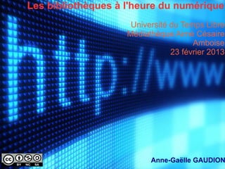 Les bibliothèques à l'heure du numérique
                     Université du Temps Libre
                    Médiathèque Aimé Césaire
                                      Amboise
                                23 février 2013




                          Anne-Gaëlle GAUDION
 
