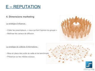 E – REPUTATION

4. Dimensions marketing

La stratégie d’influence :


- Cibler les prescripteurs, « ceux qui font l’opinion du groupe »
- Maîtriser les canaux de diffusion




La stratégie de collecte d’informations :


- Mise en place des outils de veille et de benchmark
- Présence sur les médias sociaux.
 