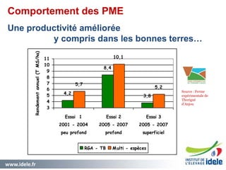 www.idele.fr 1515
4,2
8,4
3,8
5,7
10,1
5,2
3
4
5
6
7
8
9
10
11
Essai 1
2001 - 2004
peu profond
Essai 2
2005 - 2007
profond
Essai 3
2005 - 2007
superficiel
Rendementannuel(TMS/ha)
RGA - TB Multi - espèces
Une productivité améliorée
y compris dans les bonnes terres…
Source : Ferme
expérimentale de
Thorigné
d’Anjou
Comportement des PME
 