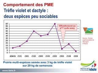 www.idele.fr 2121
Trèfle violet et dactyle :
deux espèces peu sociables
0
5
10
15
20
25
30
35
40
45
50
55
60
SEMIS C101 C301 C102 C302 C103 C203 C303 C104 C204
Effondrement au
3ème cycle 2003
Prairie multi-espèces semée avec 3 kg de trèfle violet
sur 29 kg de semences
Source : Ferme
expérimentale de
Thorigné
d’Anjou
Comportement des PME
 