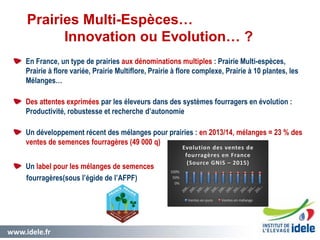 www.idele.fr 4
En France, un type de prairies aux dénominations multiples : Prairie Multi-espèces,
Prairie à flore variée, Prairie Multiflore, Prairie à flore complexe, Prairie à 10 plantes, les
Mélanges…
Des attentes exprimées par les éleveurs dans des systèmes fourragers en évolution :
Productivité, robustesse et recherche d’autonomie
Un développement récent des mélanges pour prairies : en 2013/14, mélanges = 23 % des
ventes de semences fourragères (49 000 q)
Un label pour les mélanges de semences
fourragères(sous l’égide de l’AFPF)
0%
50%
100%
Evolution des ventes de
fourragères en France
(Source GNIS – 2015)
Ventes en pure Ventes en mélange
Prairies Multi-Espèces…
Innovation ou Evolution… ?
 