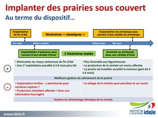 www.idele.fr 4242
Fin août Début octobre Début mars Mi-mars
Implantation
de fin d’été
Implantation de printemps sous
couvert d’une céréale de printemps
Implantation d’automne sous
couvert d’une céréale d’hiver
Sursemis au printemps
dans une céréale d’hiver2 itinéraires testés
Itinéraires « classiques »
• Diminution du risque sécheresse de fin d'été
• Une 1è exploitation possible 6 à 8 mois plus tôt
• Plus favorable aux légumineuses
• La production de la céréale est moins affectée
• La prairie est installée aussitôt la moisson (gain de 4
à 6 mois)
Meilleure gestion du salissement de la prairie
• Implantation tardive  pénalisante pour
certaines espèces ?
• Production céréalière affectée = faire une
valorisation fourragère
• Le tallage de la céréale peut pénaliser le sur-semis
Gestion du désherbage chimique de la céréale
+
-
Implanter des prairies sous couvert
Au terme du dispositif…
 