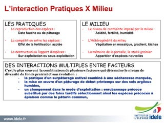 www.idele.fr 46
LES PRATIQUES
- La reproduction des espèces :
Date fauche ou de pâturage
- La compétition entre les espèces :
Effet de la fertilisation azotée
- La destruction ou l’apport d’espèces :
Sur-exploitation ou sous-exploitation
LE MILIEU
- Le niveau de contrainte imposé par le milieu :
Acidité, fertilité, humidité
- L’Hétérogénéité du milieu
Végétation en mosaïque, gradient, tâches
- La mémoire de la parcelle, le stock grainier
Apparition d’espèces nouvelles
DES INTERACTIONS MULTIPLES ENTRE FACTEURS
C’est le plus souvent la combinaison de plusieurs facteurs qui détermine le niveau de
diversité du fonds prairial et son évolution :
- la pratique d'un surpâturage estival combiné à une sécheresse marquée,
- la mise en œuvre d'un pâturage de début printemps sur des sols argileux
humides,
- un changement dans le mode d'exploitation : enrubannage précoce
substitué par des foins tardifs sélectionnant ainsi les espèces précoces à
épiaison comme le pâturin commun,
L’interaction Pratiques X Milieu
 