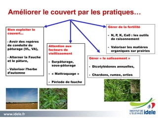 www.idele.fr 48
Améliorer le couvert par les pratiques…
Gérer de la fertilité
- N, P, K, Ca0 : les outils
de raisonnement
- Valoriser les matières
organiques sur prairies
Gérer « le salissement »
- Dicotylédones annuelles,
- Chardons, rumex, orties
Bien exploiter le
couvert…
- Avoir des repères
de conduite du
pâturage (VL, VA),
- Alterner la Fauche
et le pâture,
- Valoriser l’herbe
d’automne
Attention aux
facteurs de
vieillissement
- Surpâturage,
sous-pâturage
- « Mattraquage »
- Période de fauche
 