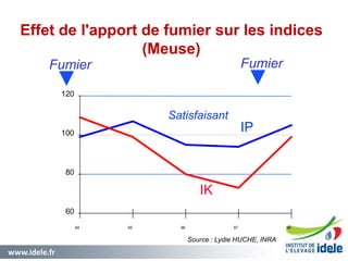 www.idele.fr 52
Effet de l'apport de fumier sur les indices
(Meuse)
52
FumierFumier
60
80
100
120
94 95 96 97 98
Satisfaisant
IK
IP
Source : Lydie HUCHE, INRA
 
