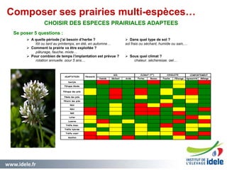 www.idele.fr 77
Composer ses prairies multi-espèces…
CHOISIR DES ESPECES PRAIRIALES ADAPTEES
Se poser 5 questions :
 A quelle période j’ai besoin d’herbe ?
tôt ou tard au printemps, en été, en automne…
 Comment la prairie va être exploitée ?
pâturage, fauche, mixte…
 Pour combien de temps l’implantation est prévue ?
rotation annuelle, pour 5 ans…
 Dans quel type de sol ?
sol frais ou séchant, humide ou sain,…
 Sous quel climat ?
chaleur, sécheresse, gel…
Humide Séchant Acide Fortes Basses Fauche Pâturage Agressivité Mélange
Dactyle
Fétuque élevée
Fétuque des prés
Fléole des prés
Pâturin des prés
RGA
RGH
RGI
Lotier
Luzerne
Trèfle blanc
Trèfle hybride
Trèfle violet
Sainfoin
COMPORTEMENT
ADAPTATION Pérennité
SOL CLIMAT (T°) CONDUITE
Il n’existe pas d’espèces
ou de variétés idéales
pour semer une prairie.
Le meilleur choix sera
celui qui répondra le
mieux au contexte du
système fourrager et de
son environnement !
 