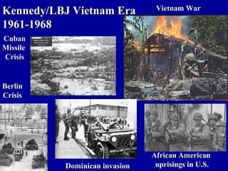 Kennedy/LBJ Vietnam Era         Vietnam War

1961-1968
Cuban
Missile
Crisis


Berlin
Crisis




                               African American
          Dominican invasion    uprisings in U.S.
 