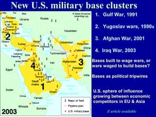 New U.S. military base clusters
                    1. Gulf War, 1991

                    2. Yugoslav wars, 1990s

                    3. Afghan War, 2001

                    4. Iraq War, 2003

                   Bases built to wage wars, or
                   wars waged to build bases?

                   Bases as political tripwires


                    U.S. sphere of influence
                    growing between economic
                    competitors in EU & Asia

                          Z article available
 