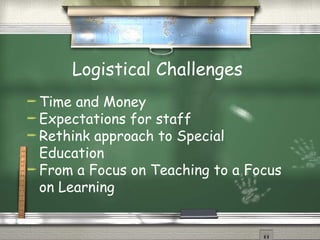 Logistical Challenges  Time and Money Expectations for staff Rethink approach to Special Education From a Focus on Teaching to a Focus on Learning 