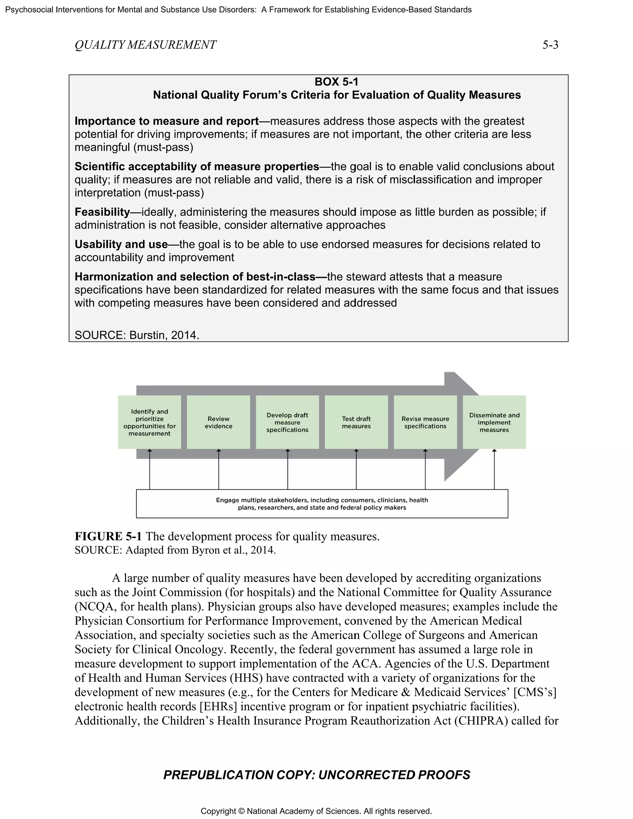 Copyright © National Academy of Sciences. All rights reserved.
Psychosocial Interventions for Mental and Substance Use Disorders: A Framework for Establishing Evidence-Based Standards
QUALIT
Importan
potential
meaning
Scientifi
quality; if
interpreta
Feasibili
administr
Usability
accounta
Harmon
specifica
with com
SOURCE
FIGURE
SOURCE
A
such as th
(NCQA,
Physician
Associati
Society f
measure
of Health
developm
electroni
Addition
TY MEASURE
PR
Natio
nce to meas
for driving im
ful (must-pa
c acceptab
f measures a
ation (must-p
ity—ideally,
ration is not
y and use—
ability and im
ization and
tions have b
mpeting meas
E: Burstin, 2
E 5-1 The de
E: Adapted fro
A large numb
he Joint Com
for health p
n Consortium
ion, and spec
for Clinical O
developmen
h and Human
ment of new
c health reco
nally, the Chi
EMENT
REPUBLICA
onal Quality
sure and re
mprovement
ass)
ility of mea
are not reliab
pass)
administerin
feasible, co
—the goal is t
mprovement
selection o
been standa
sures have b
014.
evelopment p
om Byron et a
ber of quality
mmission (fo
lans). Physic
m for Perform
cialty societ
Oncology. R
nt to support
n Services (H
measures (e
ords [EHRs]
ildren’s Hea
ATION COP
y Forum’s C
port—meas
ts; if measur
sure prope
ble and valid
ng the meas
nsider altern
to be able to
of best-in-cl
rdized for re
been consid
process for q
al., 2014.
y measures h
or hospitals)
cian groups
mance Impr
ies such as t
Recently, the
implementa
HHS) have c
e.g., for the C
incentive pr
alth Insuranc
PY: UNCO
BOX 5-1
Criteria for E
sures addres
res are not i
rties—the g
d, there is a
sures should
native appro
o use endors
lass—the st
elated measu
ered and ad
quality meas
have been de
and the Nat
also have de
ovement, co
the American
federal gov
ation of the A
contracted w
Centers for M
rogram or fo
e Program R
ORRECTED
1
Evaluation o
ss those asp
mportant, th
goal is to ena
risk of miscl
d impose as
oaches
sed measure
teward attes
ures with the
ddressed
sures.
eveloped by
tional Comm
eveloped me
onvened by t
n College of
ernment has
ACA. Agenc
with a variety
Medicare & M
or inpatient p
Reauthorizat
D PROOFS
of Quality M
pects with th
he other crite
able valid co
lassification
little burden
es for decisio
ts that a me
e same focu
accrediting
mittee for Qu
easures; exam
the American
f Surgeons a
s assumed a
cies of the U
y of organiza
Medicaid Se
psychiatric f
tion Act (CH
Measures
e greatest
eria are less
onclusions a
and improp
n as possible
ons related t
easure
s and that is
organization
uality Assura
mples includ
n Medical
and American
large role in
U.S. Departm
ations for the
ervices’ [CM
facilities).
HIPRA) calle
5-3
bout
er
e; if
to
ssues
ns
ance
de the
n
n
ment
e
MS’s]
ed for
 