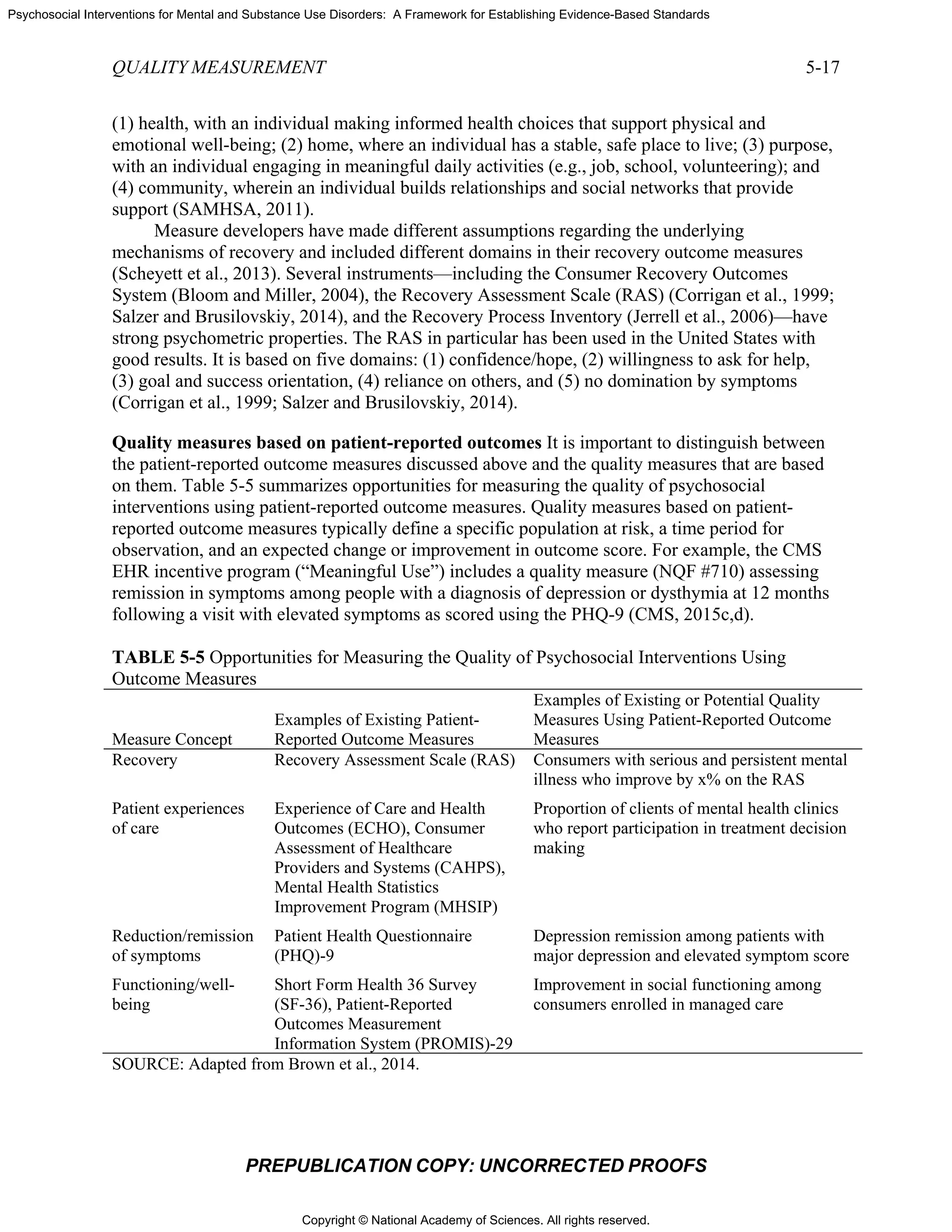 Copyright © National Academy of Sciences. All rights reserved.
Psychosocial Interventions for Mental and Substance Use Disorders: A Framework for Establishing Evidence-Based Standards
QUALITY MEASUREMENT 5-17
PREPUBLICATION COPY: UNCORRECTED PROOFS
(1) health, with an individual making informed health choices that support physical and
emotional well-being; (2) home, where an individual has a stable, safe place to live; (3) purpose,
with an individual engaging in meaningful daily activities (e.g., job, school, volunteering); and
(4) community, wherein an individual builds relationships and social networks that provide
support (SAMHSA, 2011).
Measure developers have made different assumptions regarding the underlying
mechanisms of recovery and included different domains in their recovery outcome measures
(Scheyett et al., 2013). Several instruments—including the Consumer Recovery Outcomes
System (Bloom and Miller, 2004), the Recovery Assessment Scale (RAS) (Corrigan et al., 1999;
Salzer and Brusilovskiy, 2014), and the Recovery Process Inventory (Jerrell et al., 2006)—have
strong psychometric properties. The RAS in particular has been used in the United States with
good results. It is based on five domains: (1) confidence/hope, (2) willingness to ask for help,
(3) goal and success orientation, (4) reliance on others, and (5) no domination by symptoms
(Corrigan et al., 1999; Salzer and Brusilovskiy, 2014).
Quality measures based on patient-reported outcomes It is important to distinguish between
the patient-reported outcome measures discussed above and the quality measures that are based
on them. Table 5-5 summarizes opportunities for measuring the quality of psychosocial
interventions using patient-reported outcome measures. Quality measures based on patient-
reported outcome measures typically define a specific population at risk, a time period for
observation, and an expected change or improvement in outcome score. For example, the CMS
EHR incentive program (“Meaningful Use”) includes a quality measure (NQF #710) assessing
remission in symptoms among people with a diagnosis of depression or dysthymia at 12 months
following a visit with elevated symptoms as scored using the PHQ-9 (CMS, 2015c,d).
TABLE 5-5 Opportunities for Measuring the Quality of Psychosocial Interventions Using
Outcome Measures
Measure Concept
Examples of Existing Patient-
Reported Outcome Measures
Examples of Existing or Potential Quality
Measures Using Patient-Reported Outcome
Measures
Recovery Recovery Assessment Scale (RAS) Consumers with serious and persistent mental
illness who improve by x% on the RAS
Patient experiences
of care
Experience of Care and Health
Outcomes (ECHO), Consumer
Assessment of Healthcare
Providers and Systems (CAHPS),
Mental Health Statistics
Improvement Program (MHSIP)
Proportion of clients of mental health clinics
who report participation in treatment decision
making
Reduction/remission
of symptoms
Patient Health Questionnaire
(PHQ)-9
Depression remission among patients with
major depression and elevated symptom score
Functioning/well-
being
Short Form Health 36 Survey
(SF-36), Patient-Reported
Outcomes Measurement
Information System (PROMIS)-29
Improvement in social functioning among
consumers enrolled in managed care
SOURCE: Adapted from Brown et al., 2014.
 