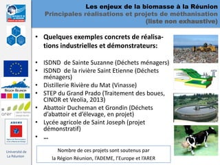 Les enjeux de la biomasse à la Réunion
                   Principales réalisations et projets de méthanisation
                                                  (liste non exhaustive)

                • Quelques exemples concrets de réalisa-
                  tions industrielles et démonstrateurs:

                • ISDND de Sainte Suzanne (Déchets ménagers)
                • ISDND de la rivière Saint Etienne (Déchets
                  ménagers)
                • Distillerie Rivière du Mat (Vinasse)
                • STEP du Grand Prado (Traitement des boues,
                  CINOR et Veolia, 2013)
                • Abattoir Ducheman et Grondin (Déchets
                  d’abattoir et d’élevage, en projet)
                • Lycée agricole de Saint Joseph (projet
                  démonstratif)
                • …

Université de           Nombre de ces projets sont soutenus par
La Réunion
                     la Région Réunion, l’ADEME, l’Europe et l’ARER
 