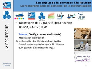 Les enjeux de la biomasse à la Réunion
                      La recherche dans le domaine de la méthanisation




                                         LCSNSA
                  • Laboratoires de l’Université de La Réunion
   LA RECHERCHE



                    LCSNSA, PIMENT, LE2P

                  • Travaux : Stratégies de recherche (suite)
                     Modélisation et simulation
                  Co-méthanisation des déchets solides et liquides
                     Caractérisation physicochimique et biochimique
                     Suivi qualitatif et quantitatif du biogaz




Université de
La Réunion                                                            15
 