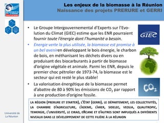 Les enjeux de la biomasse à la Réunion
                                  Naissance des projets PRERURE et GERRI


                • Le Groupe Intergouvernemental d’Experts sur l’Evo-
                  lution du Climat (GIEC) estime que les ENR pourraient
                  fournir toute l’énergie dont l’humanité a besoin.
                • Energie verte la plus utilisée, la biomasse est promise à
                  un bel aveniren développant le bois énergie, le charbon
                  de bois, en méthanisant les déchets divers ou en
                  produisant des biocarburants à partir de biomasse
                  d’origine végétale et animale. Parmi les ENR, depuis le
                  premier choc pétrolier de 1973-74, la biomasse est le
                  secteur qui est resté le plus stable!
                • La valorisation énergétique de la biomasse permet
                  d’abattre de 80 à 90% les émissions de CO2 par rapport
                  à une production d’origine fossile.
                 LA RÉGION (PRERURE ET STARTER), L’ETAT (GERRI), LE DÉPARTEMENT, LES COLLECTIVITÉS,
                 LA CHAMBRE D’AGRICULTURE, L’ADEME, L’ARER, SIDELEC, VEOLIA, QUALITROPIC,
Université de    TEMERGIE, L’UNIVERSITÉ, LE CIRAD, ERCANE ET D’AUTRES SONT IMPLIQUÉS A DIFFÉRENTS
La Réunion       NIVEAUX DANS LE DÉVELOPPEMENT DE CETTE FILIÈRE À LA RÉUNION
 