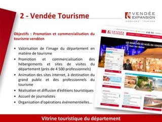 Le contenus de ce document sont soumis aux droits d’auteur. Toute reproduction, même partielle
doit faire l’objet d’une demande préalable aux auteurs. Contenus © Patricia Potier Vendée
Expansion - 2019
Objectifs : Promotion et commercialisation du
tourisme vendéen
• Valorisation de l’image du département en
matière de tourisme
• Promotion et commercialisation des
hébergements et sites de visites du
département (près de 4 500 professionnels)
• Animation des sites internet, à destination du
grand public et des professionnels du
tourisme
• Réalisation et diffusion d’éditions touristiques
• Accueil de journalistes
• Organisation d’opérations événementielles…
2 - Vendée Tourisme
Vitrine touristique du département
 