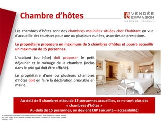 Le contenus de ce document sont soumis aux droits d’auteur. Toute reproduction, même partielle
doit faire l’objet d’une demande préalable aux auteurs. Contenus © Patricia Potier Vendée
Expansion - 2019
Les chambres d'hôtes sont des chambres meublées situées chez l'habitant en vue
d'accueillir des touristes pour une ou plusieurs nuitées, assorties de prestations.
Le propriétaire proposera un maximum de 5 chambres d'hôtes et pourra accueillir
un maximum de 15 personnes.
Au-delà de 5 chambres et/ou de 15 personnes accueillies, ce ne sont plus des
« chambres d’hôtes »
Au-delà de 15 personnes, on devient ERP (sécurité – accessibilité)
Chambre d’hôtes
L’habitant (ou hôte) doit proposer le petit
déjeuner et le ménage de la chambre (inclus
dans le prix qui doit être affiché).
Le propriétaire d’une ou plusieurs chambres
d’hôtes doit en faire la déclaration préalable en
mairie.
 