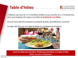 Le contenus de ce document sont soumis aux droits d’auteur. Toute reproduction, même partielle
doit faire l’objet d’une demande préalable aux auteurs. Contenus © Patricia Potier Vendée
Expansion - 2019
L'habitant, qui loue de 1 à 5 chambres d’hôtes et qui accueille de 1 à 15 personnes,
peut aussi proposer des repas à ses hôtes et seulement à ses hôtes.
Un seul menu doit être proposé et composé de plats, de préférence, du terroir.
Le repas doit être pris à la table familiale en compagnie de l'habitant.
Seuls les hôtes des chambres d’hôtespeuvent dîner à la table d’hôtes
Sinon, on est un restaurant !
Table d’hôtes
 