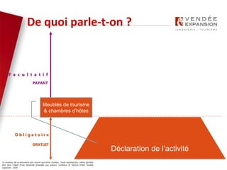 Le contenus de ce document sont soumis aux droits d’auteur. Toute reproduction, même partielle
doit faire l’objet d’une demande préalable aux auteurs. Contenus © Patricia Potier Vendée
Expansion - 2019
De quoi parle-t-on ?
O b l i g a t o i r e
GRATUIT
F a c u l t a t i f
PAYANT
Labellisation
Classement
Déclaration de l’activité
Meublés de tourisme
& chambres d’hôtes
 