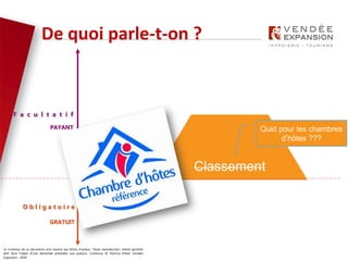 Le contenus de ce document sont soumis aux droits d’auteur. Toute reproduction, même partielle
doit faire l’objet d’une demande préalable aux auteurs. Contenus © Patricia Potier Vendée
Expansion - 2019
De quoi parle-t-on ?
O b l i g a t o i r e
GRATUIT
F a c u l t a t i f
PAYANT
Labellisation
Classement
Déclaration de l’activité
Quid pour les chambres
d’hôtes ???
 