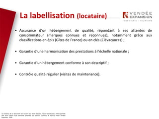 Le contenus de ce document sont soumis aux droits d’auteur. Toute reproduction, même partielle
doit faire l’objet d’une demande préalable aux auteurs. Contenus © Patricia Potier Vendée
Expansion - 2019
• Assurance d’un hébergement de qualité, répondant à ses attentes de
consommateur (marques connues et reconnues), notamment grâce aux
classifications en épis (Gîtes de France) ou en clés (Clévacances) ;
• Garantie d’une harmonisation des prestations à l’échelle nationale ;
• Garantie d’un hébergement conforme à son descriptif ;
• Contrôle qualité régulier (visites de maintenance).
La labellisation (locataire)
 