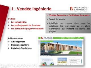 Le contenus de ce document sont soumis aux droits d’auteur. Toute reproduction, même partielle
doit faire l’objet d’une demande préalable aux auteurs. Contenus © Patricia Potier Vendée
Expansion - 2019
3 Cibles
 Les collectivités :
 Les professionnels du Tourisme
 Les porteurs de projet touristiques
3 départements
 Aménagement
 Ingénierie routière
 Ingénierie Touristique
1 - Vendée Ingénierie
 Vendée Expansion = Facilitateur de projets.
 Travail de terrain
 Privilégier un contact direct avec les
créateurs, les repreneurs ou les chefs
d’entreprise qui mettent en œuvre des
projets.
 