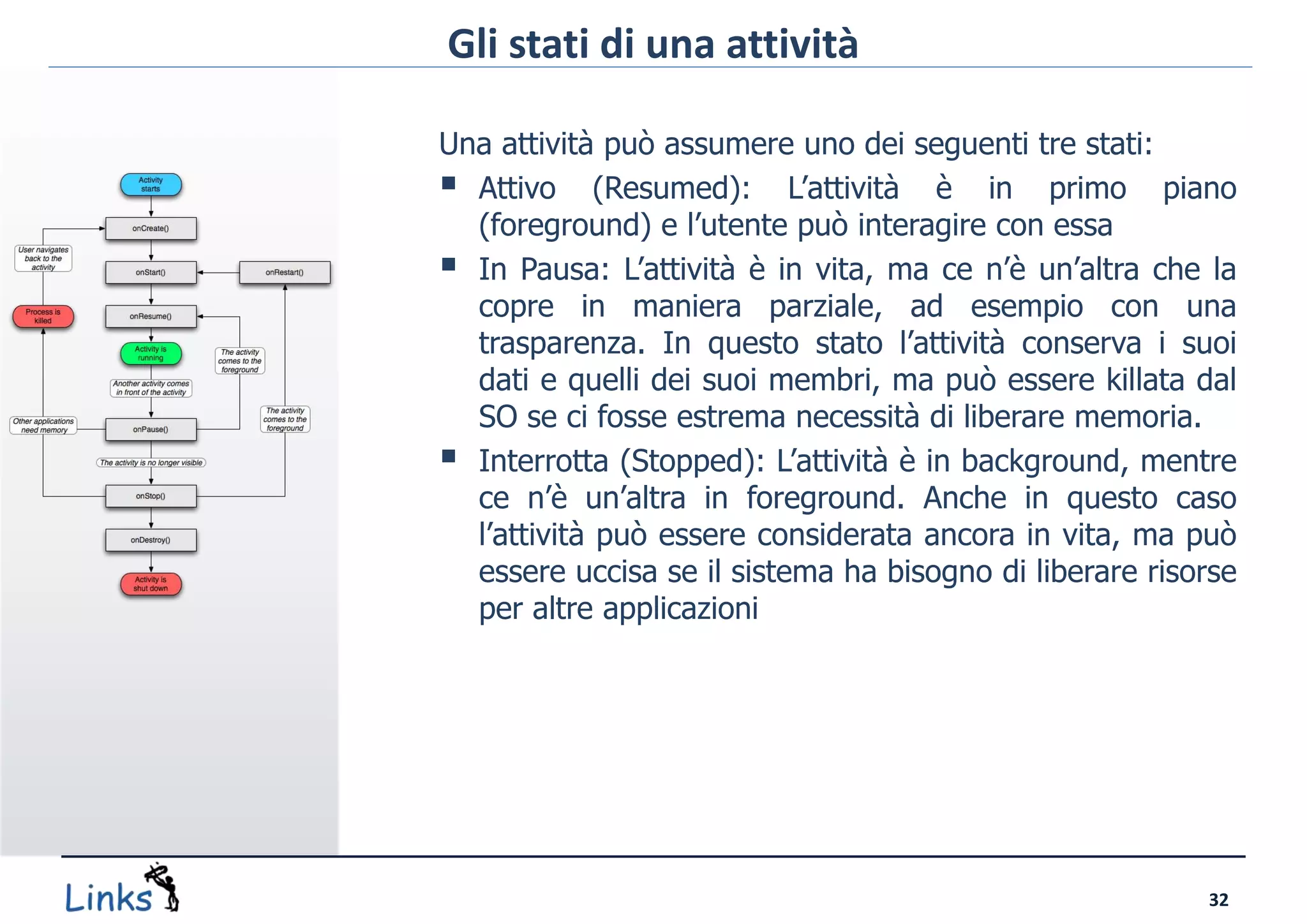 Gli stati di una attività

Una attività può assumere uno dei seguenti tre stati:
 Attivo (Resumed): L’attività è in primo piano
  (foreground) e l’utente può interagire con essa
 In Pausa: L’attività è in vita, ma ce n’è un’altra che la
  copre in maniera parziale, ad esempio con una
  trasparenza. In questo stato l’attività conserva i suoi
  dati e quelli dei suoi membri, ma può essere killata dal
  SO se ci fosse estrema necessità di liberare memoria.
 Interrotta (Stopped): L’attività è in background, mentre
  ce n’è un’altra in foreground. Anche in questo caso
  l’attività può essere considerata ancora in vita, ma può
  essere uccisa se il sistema ha bisogno di liberare risorse
  per altre applicazioni




                                                         32
 