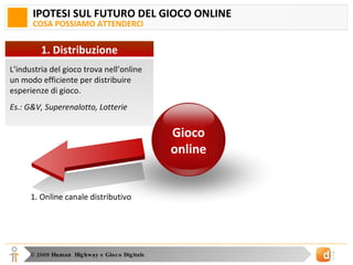 IPOTESI SUL FUTURO DEL GIOCO ONLINE COSA POSSIAMO ATTENDERCI 1. Online canale distributivo Gioco online L’industria del gioco trova nell’online un modo efficiente per distribuire esperienze di gioco. Es.: G&V, Superenalotto, Lotterie 1. Distribuzione 