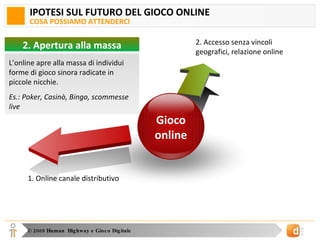 IPOTESI SUL FUTURO DEL GIOCO ONLINE COSA POSSIAMO ATTENDERCI 2. Accesso senza vincoli geografici, relazione online 1. Online canale distributivo Gioco online L’online apre alla massa di individui forme di gioco sinora radicate in piccole nicchie. Es.: Poker, Casinò, Bingo, scommesse live 2. Apertura alla massa 