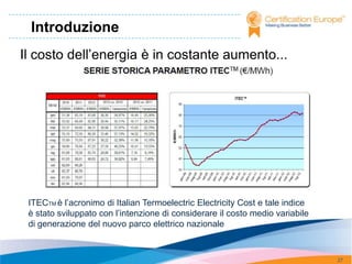 Introduzione
Il costo dell’energia è in costante aumento...




 ITECTM è l’acronimo di Italian Termoelectric Electricity Cost e tale indice
 è stato sviluppato con l’intenzione di considerare il costo medio variabile
 di generazione del nuovo parco elettrico nazionale


                                                                               27
 