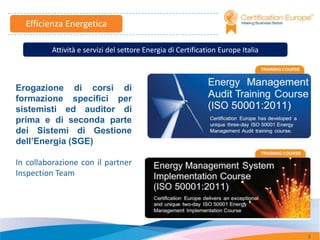 Efficienza Energetica

          Attività e servizi del settore Energia di Certification Europe Italia



Erogazione di corsi di
formazione specifici per
sistemisti ed auditor di
prima e di seconda parte
dei Sistemi di Gestione
dell’Energia (SGE)

In collaborazione con il partner
Inspection Team




                                                                                  5
 