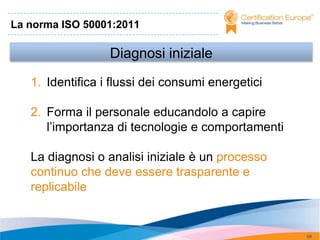 La norma ISO 50001:2011

                  Diagnosi iniziale
   1. Identifica i flussi dei consumi energetici

   2. Forma il personale educandolo a capire
      l’importanza di tecnologie e comportamenti

   La diagnosi o analisi iniziale è un processo
   continuo che deve essere trasparente e
   replicabile


                                                   68
 