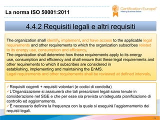 La norma ISO 50001:2011

          4.4.2 Requisiti legali e altri requisiti
The organization shall identify, implement, and have access to the applicable legal
requirements and other requirements to which the organization subscribes related
to its energy use, consumption and efficiency.
The organization shall determine how these requirements apply to its energy
use, consumption and efficiency and shall ensure that these legal requirements and
other requirements to which it subscribes are considered in
establishing, implementing and maintaining the EnMS.
Legal requirements and other requirements shall be reviewed at defined intervals.


Requisiti cogenti + requisiti volontari (e codici di condotta)
L’Organizzazione si assicurerà che tali prescrizioni legali siano tenute in
considerazione nel SGE e che per esse sia prevista un’adeguata pianificazione di
controllo ed aggiornamento.
È necessario definire la frequenza con la quale si eseguirà l’aggiornamento dei
requisti legali.
                                                                                   74
 