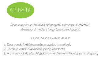 Criticità
1. Cosa vendo? Abbinamento prodotto-‐tecnologia
2. Come lo vendo? Relazione spazio-‐prodotto
3. A chi vendo? Analisi del 3Dconsumer (sensi-‐profilo-‐capacità di spesa)
Ripensare alla sostenibilità dei progetti sulla base di obiettivi
strategici di medio e lungo termine e chiedersi:
DOVE VOGLIO ARRIVARE?
 