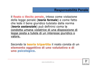 Responsabilità Penale

    il Reato o illecito penale, inteso come violazione
    della legge penale (teoria formale) e come fatto
    che lede il bene giuridico tutelato dalla norma
    (teoria sostanziale) può definirsi coma la
    condotta umana violatrice di una disposizione di
    legge posta a tutela di un interesse giuridico o
    valore.

    Secondo la teoria tripartita il reato consta di un
    elemento oggettivo di uno valutativo e di
    uno psicologico.

_____________________________________________________________________________________________________________________

                                                 www.studiobottini.eu
 